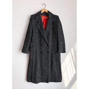 Vintage Herringbone Double Breasted Overcoat Black White Red Lining Long Jacket
